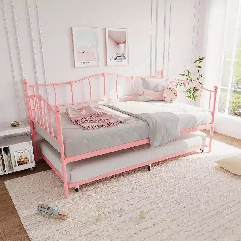Cadre de Lit de Repos en Métal Taille Double avec Lit Gigogne, Lit de Jour Taille Double avec Lit Gigogne Coulissant, Design Cœur, avec Support de Lattes en Acier