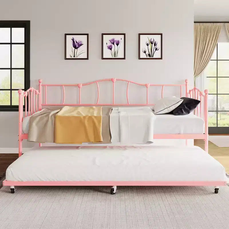 Cadre de Lit de Repos en Métal Taille Double avec Lit Gigogne, Lit de Jour Taille Double avec Lit Gigogne Coulissant, Design Cœur, avec Support de Lattes en Acier