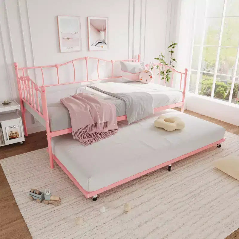 Cadre de Lit de Repos en Métal Taille Double avec Lit Gigogne, Lit de Jour Taille Double avec Lit Gigogne Coulissant, Design Cœur, avec Support de Lattes en Acier