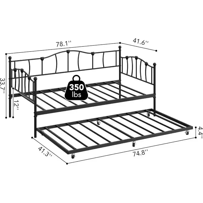Cadre de Lit de Repos en Métal Taille Double avec Lit Gigogne, Lit de Jour Taille Double avec Lit Gigogne Coulissant, Design Cœur, avec Support de Lattes en Acier