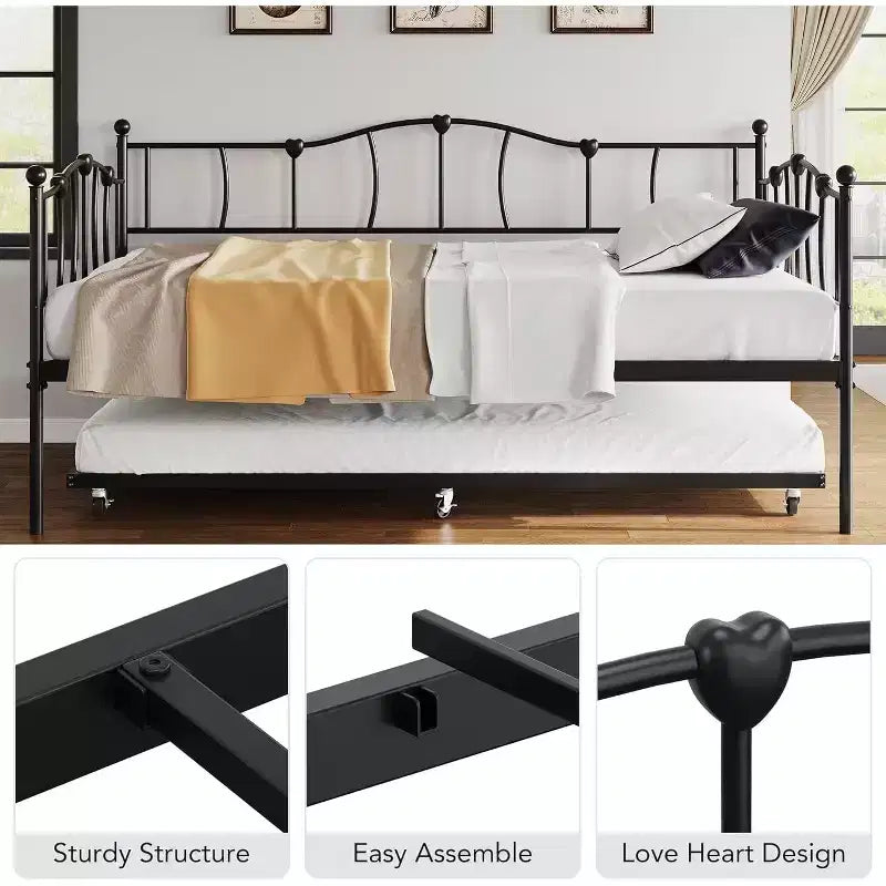 Cadre de Lit de Repos en Métal Taille Double avec Lit Gigogne, Lit de Jour Taille Double avec Lit Gigogne Coulissant, Design Cœur, avec Support de Lattes en Acier