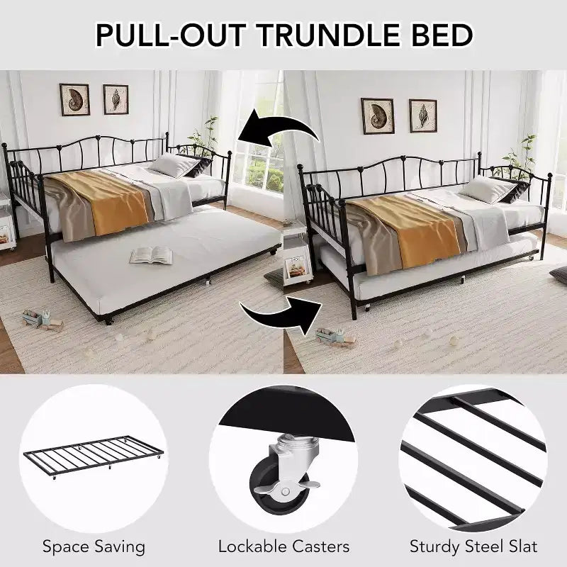 Cadre de Lit de Repos en Métal Taille Double avec Lit Gigogne, Lit de Jour Taille Double avec Lit Gigogne Coulissant, Design Cœur, avec Support de Lattes en Acier