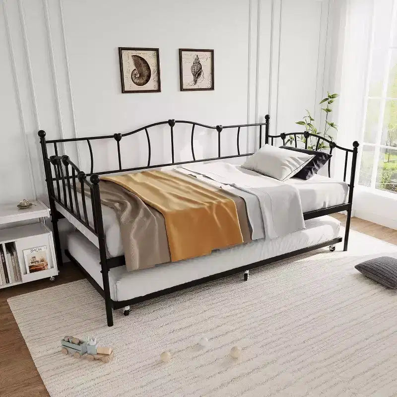 Cadre de Lit de Repos en Métal Taille Double avec Lit Gigogne, Lit de Jour Taille Double avec Lit Gigogne Coulissant, Design Cœur, avec Support de Lattes en Acier
