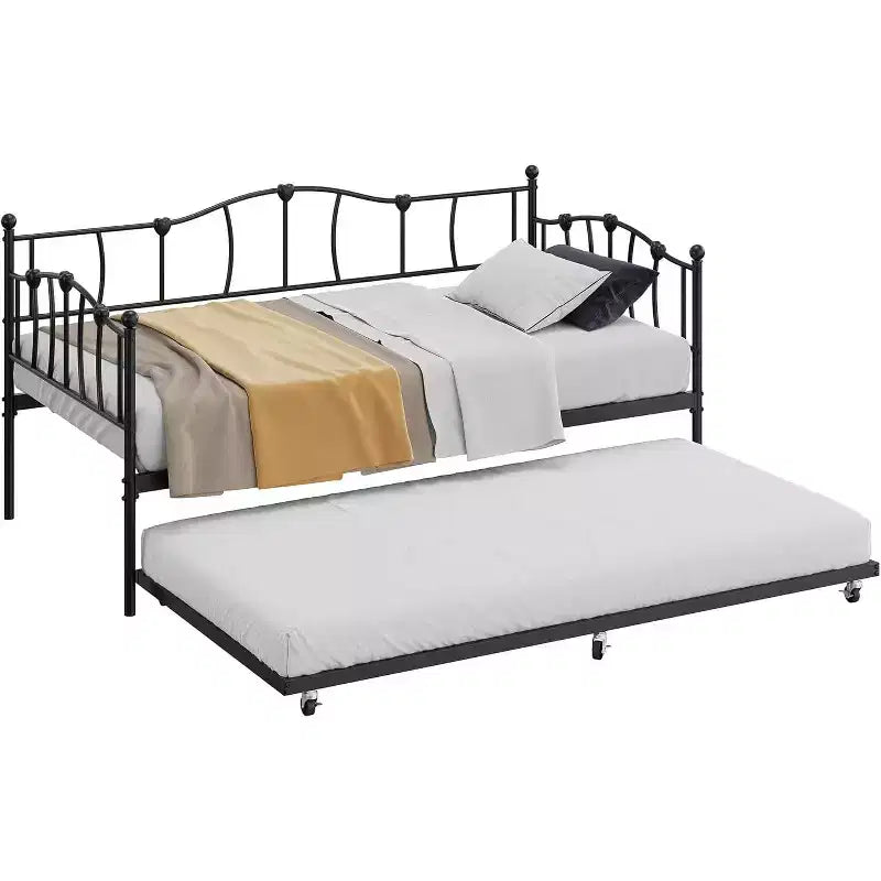 Cadre de Lit de Repos en Métal Taille Double avec Lit Gigogne, Lit de Jour Taille Double avec Lit Gigogne Coulissant, Design Cœur, avec Support de Lattes en Acier