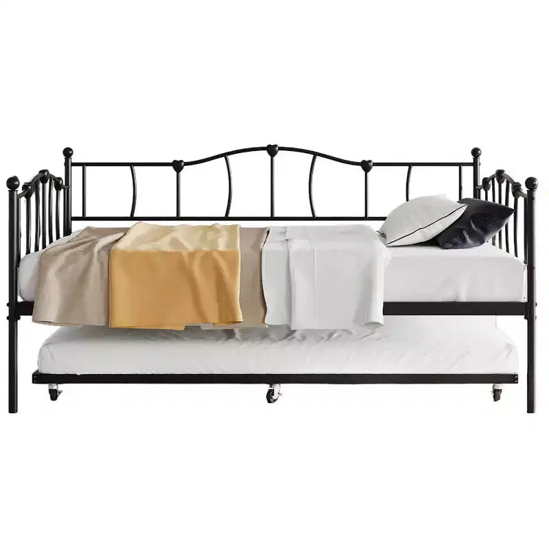 Cadre de Lit de Repos en Métal Taille Double avec Lit Gigogne, Lit de Jour Taille Double avec Lit Gigogne Coulissant, Design Cœur, avec Support de Lattes en Acier