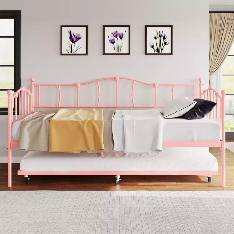 Cadre de Lit de Repos en Métal Taille Double avec Lit Gigogne, Lit de Jour Taille Double avec Lit Gigogne Coulissant, Design Cœur, avec Support de Lattes en Acier