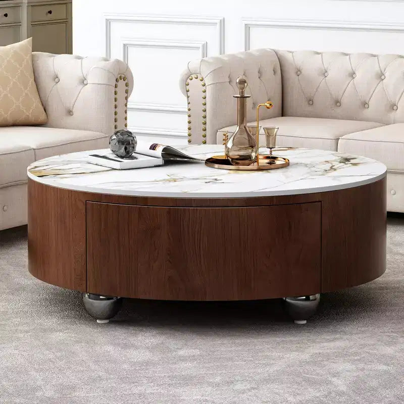 GDFStudio Cherry 35.4 Round Faux Marble Coffee Table with Two-Drawer