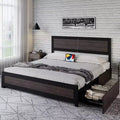 Bed Frame With Headboard, Industrial Platform Bed Frame With 4 Storage Drawers and Charge Station, Strong Metal Slats Support