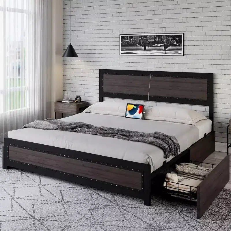 Bed Frame With Headboard, Industrial Platform Bed Frame With 4 Storage Drawers and Charge Station, Strong Metal Slats Support