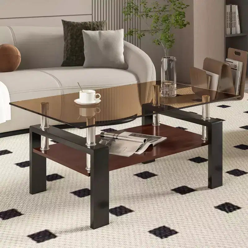Table basse rectangulaire, plateau en verre trempé, table moderne pour salon, verre marron