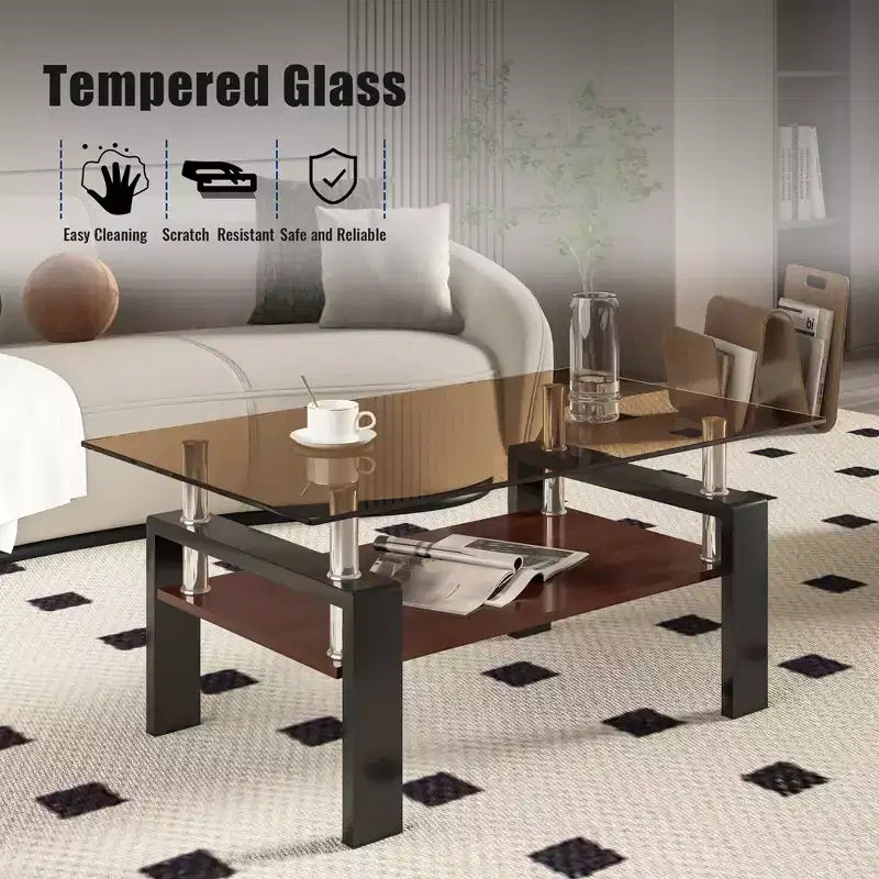 Table basse rectangulaire, plateau en verre trempé, table moderne pour salon, verre marron