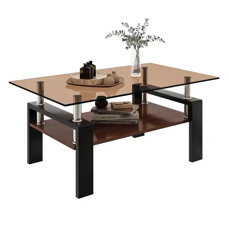 Table basse rectangulaire, plateau en verre trempé, table moderne pour salon, verre marron