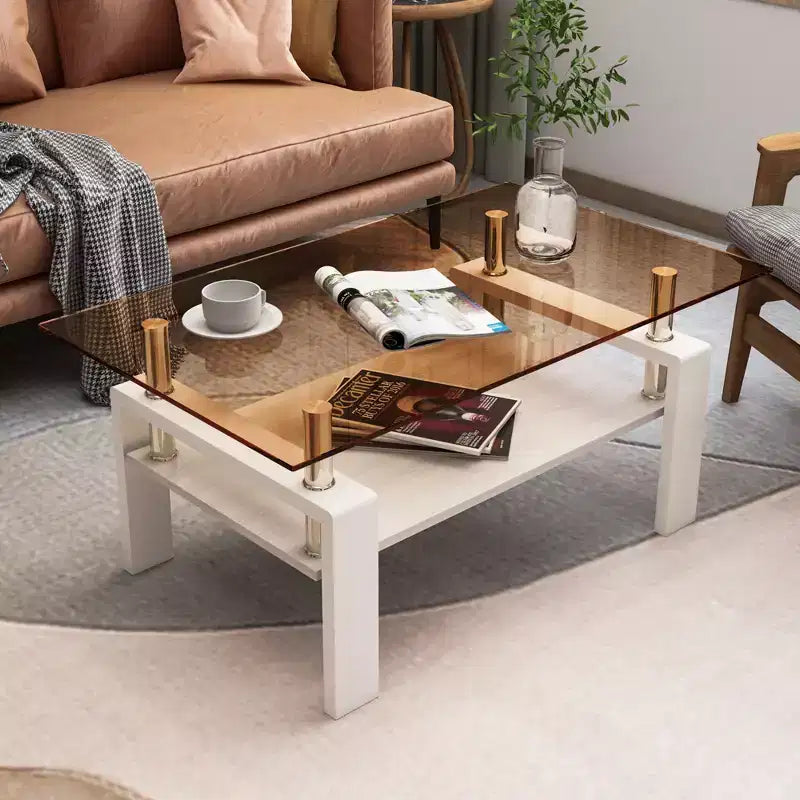 Table basse rectangulaire, plateau en verre trempé, table moderne pour salon, verre marron