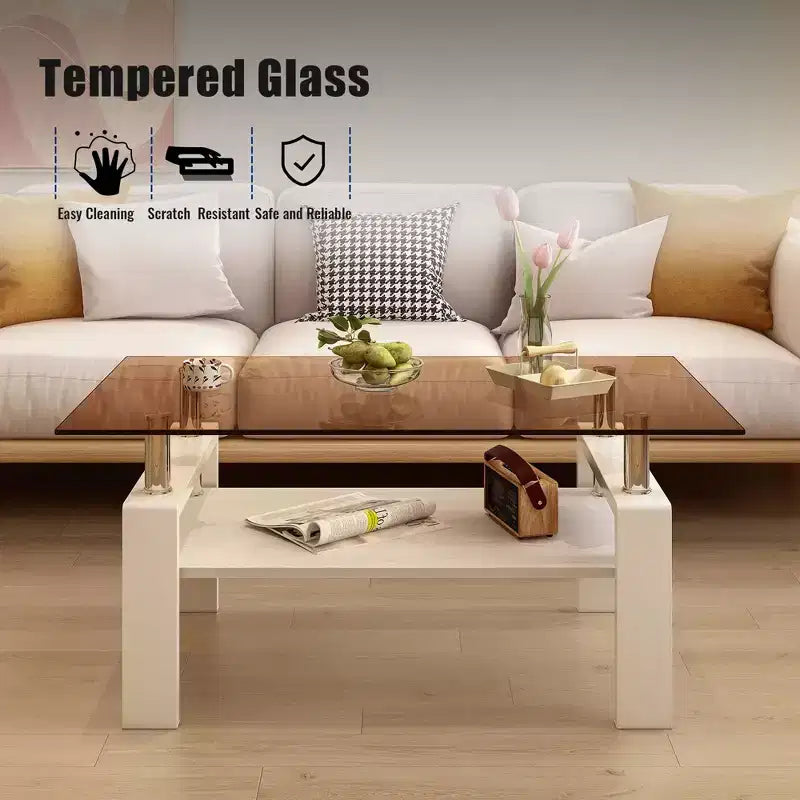 Table basse rectangulaire, plateau en verre trempé, table moderne pour salon, verre marron