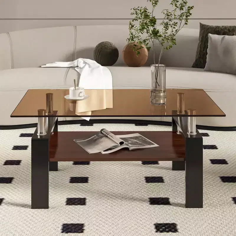 Table basse rectangulaire, plateau en verre trempé, table moderne pour salon, verre marron