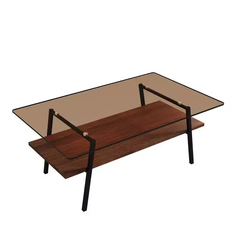 Table basse rectangulaire, plateau en verre trempé avec pieds en métal blanc, table moderne pour salon, verre marron