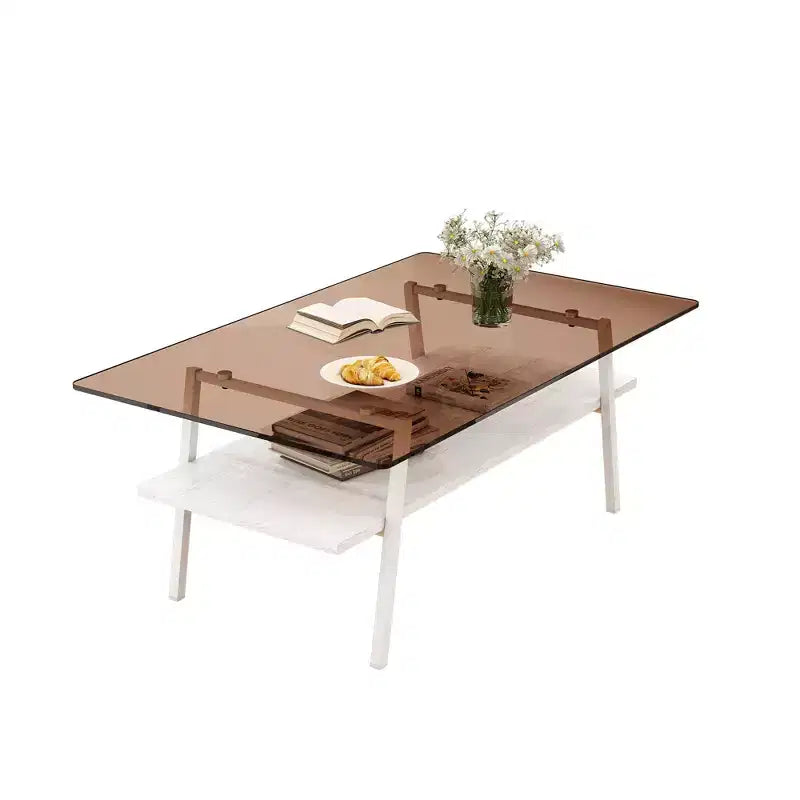 Table basse rectangulaire, plateau en verre trempé avec pieds en métal blanc, table moderne pour salon, verre marron