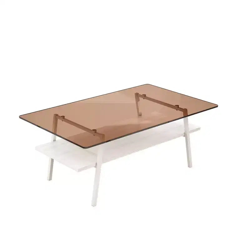Table basse rectangulaire, plateau en verre trempé avec pieds en métal blanc, table moderne pour salon, verre marron