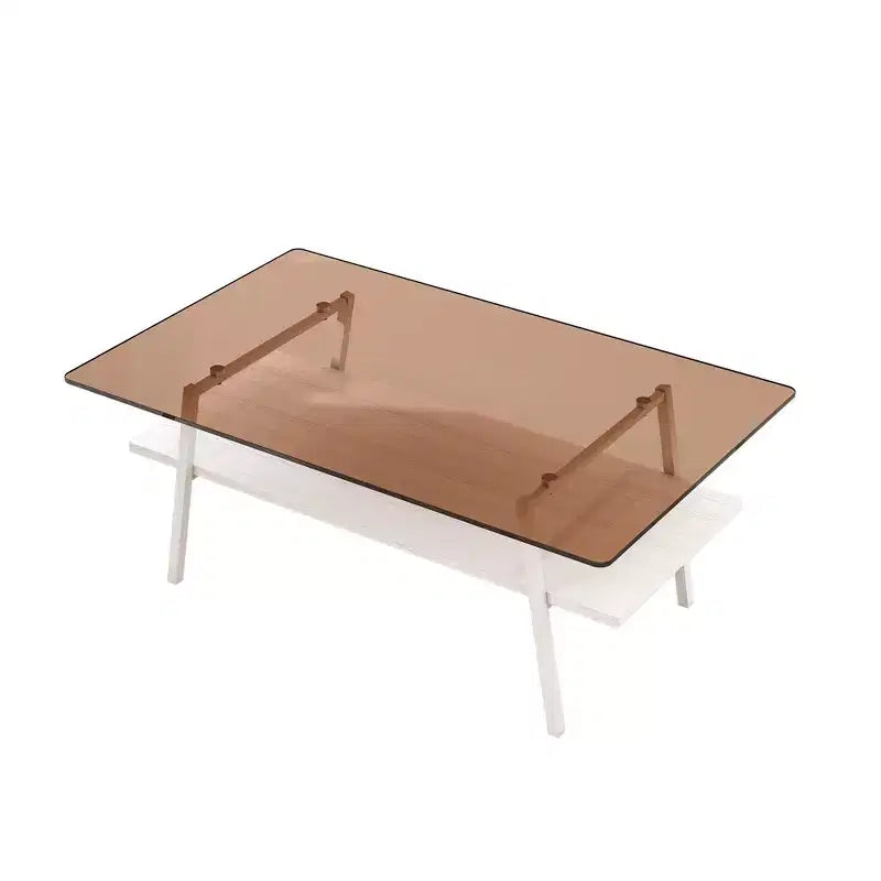 Table basse rectangulaire, plateau en verre trempé avec pieds en métal blanc, table moderne pour salon, verre marron
