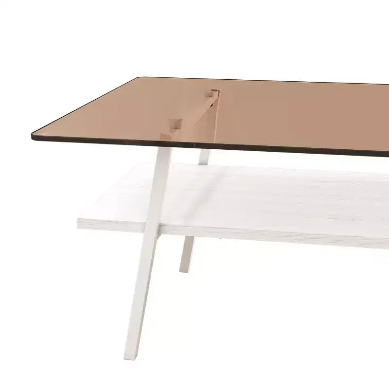 Table basse rectangulaire, plateau en verre trempé avec pieds en métal blanc, table moderne pour salon, verre marron