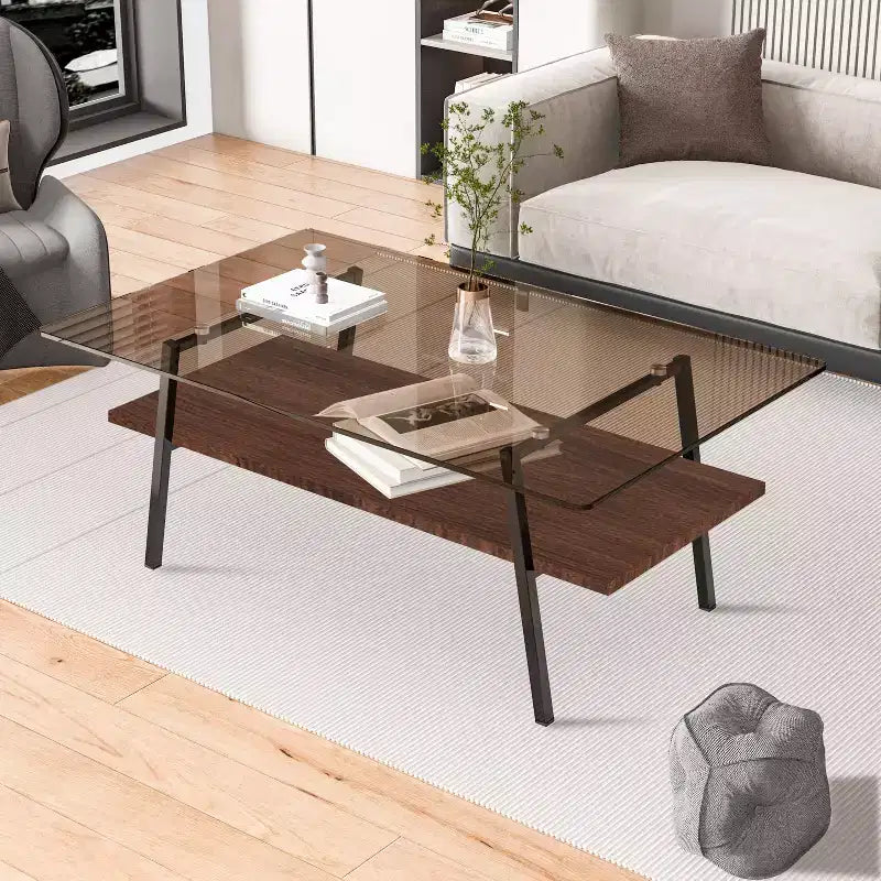 Table basse rectangulaire, plateau en verre trempé avec pieds en métal blanc, table moderne pour salon, verre marron