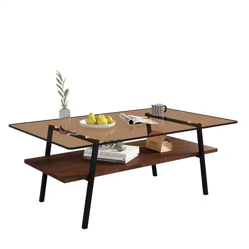 Table basse rectangulaire, plateau en verre trempé avec pieds en métal blanc, table moderne pour salon, verre marron
