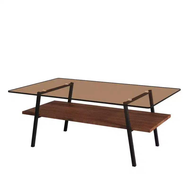 Table basse rectangulaire, plateau en verre trempé avec pieds en métal blanc, table moderne pour salon, verre marron