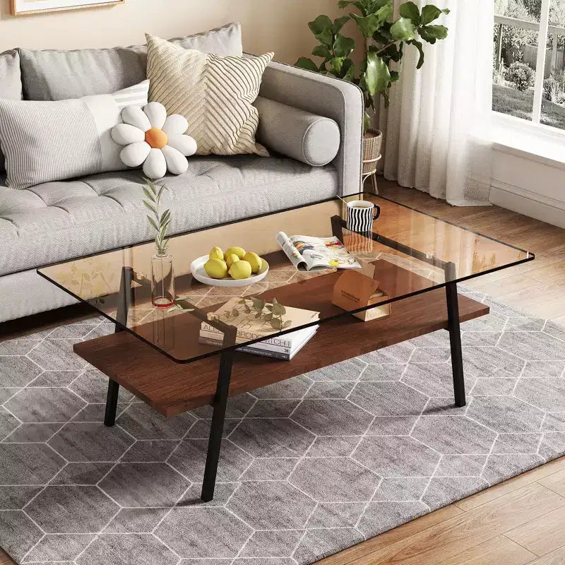 Table basse rectangulaire, plateau en verre trempé avec pieds en métal blanc, table moderne pour salon, verre marron