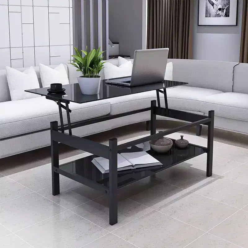 Table basse en verre à plateau relevable, table basse moderne simple à 2 niveaux en verre trempé pour salon, noire