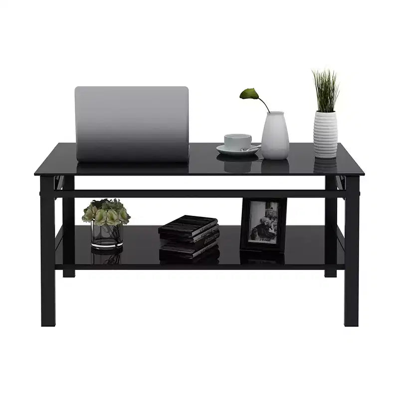 Table basse en verre à plateau relevable, table basse moderne simple à 2 niveaux en verre trempé pour salon, noire