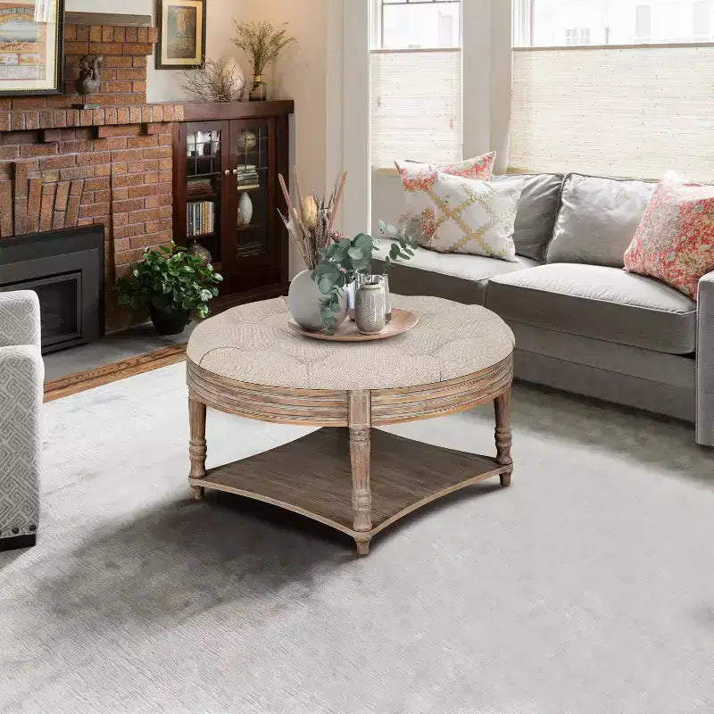 Table basse ronde Pouf imperméable avec design touffeté, Table d'appoint de canapé Repose-pieds rembourré Table basse de ferme Table basse de cocktail