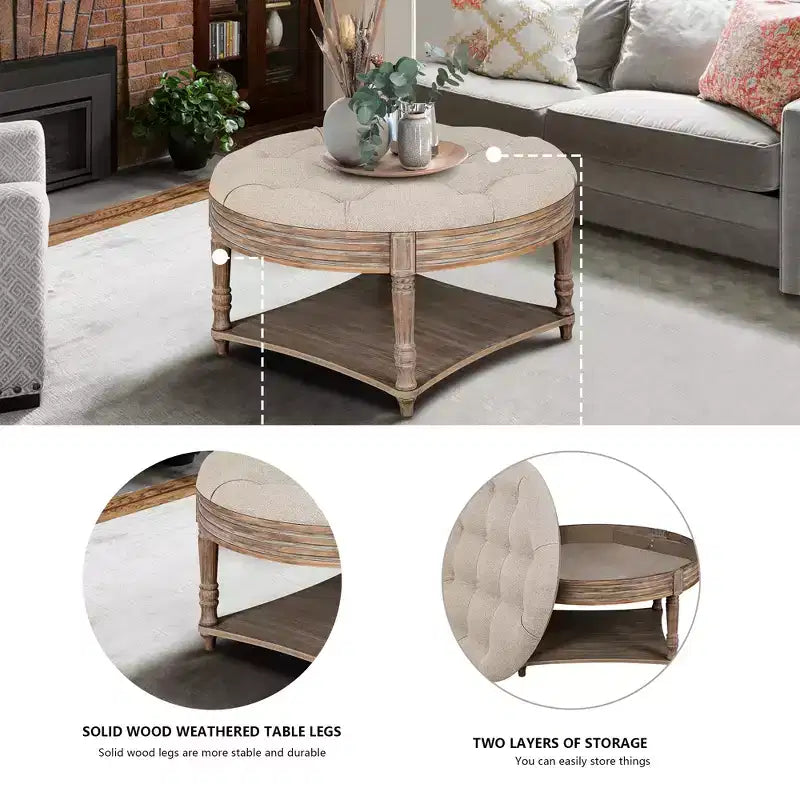 Table basse ronde Pouf imperméable avec design touffeté, Table d'appoint de canapé Repose-pieds rembourré Table basse de ferme Table basse de cocktail