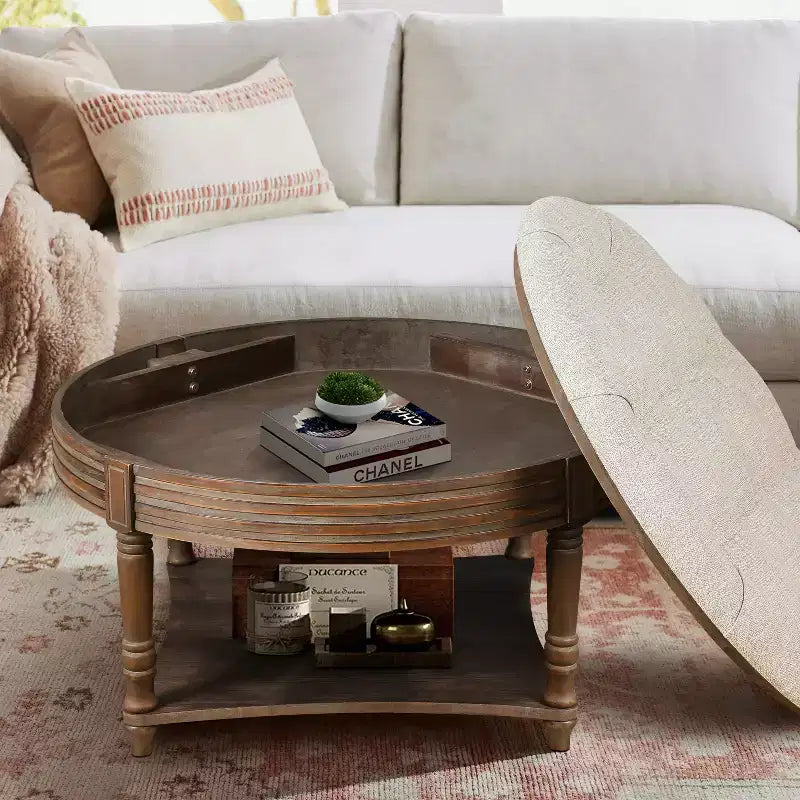 Table basse ronde Pouf imperméable avec design touffeté, Table d'appoint de canapé Repose-pieds rembourré Table basse de ferme Table basse de cocktail