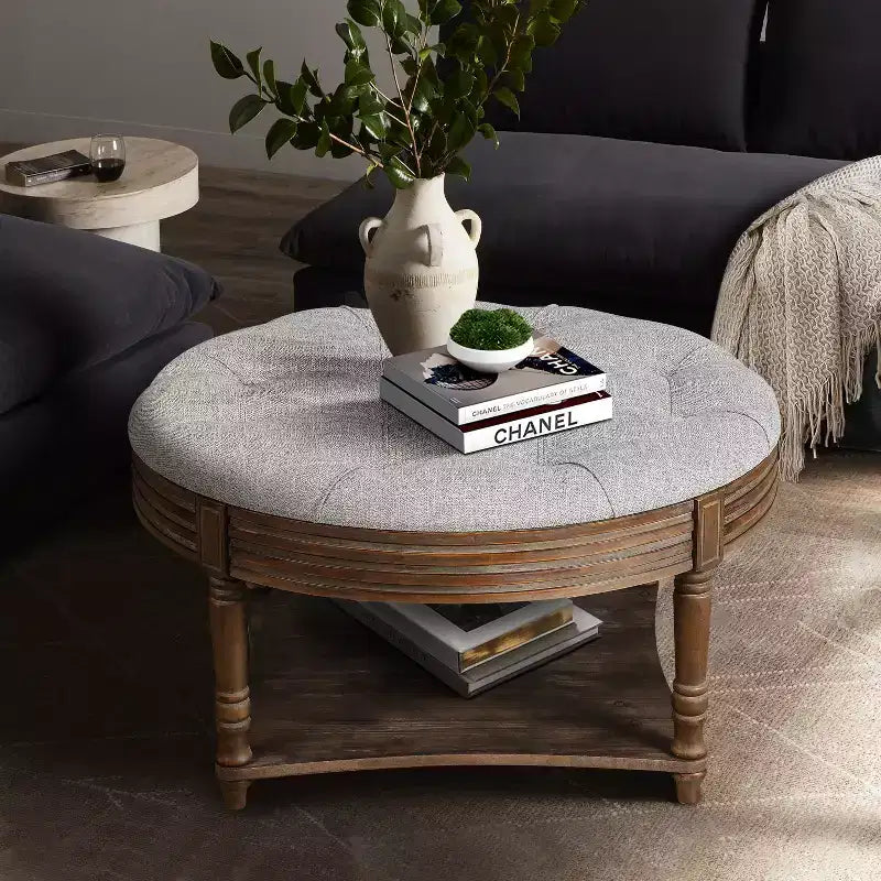 Table basse ronde Pouf imperméable avec design touffeté, Table d'appoint de canapé Repose-pieds rembourré Table basse de ferme Table basse de cocktail