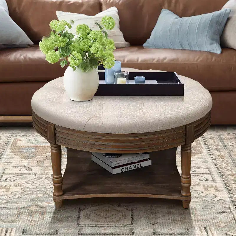 Table basse ronde Pouf imperméable avec design touffeté, Table d'appoint de canapé Repose-pieds rembourré Table basse de ferme Table basse de cocktail
