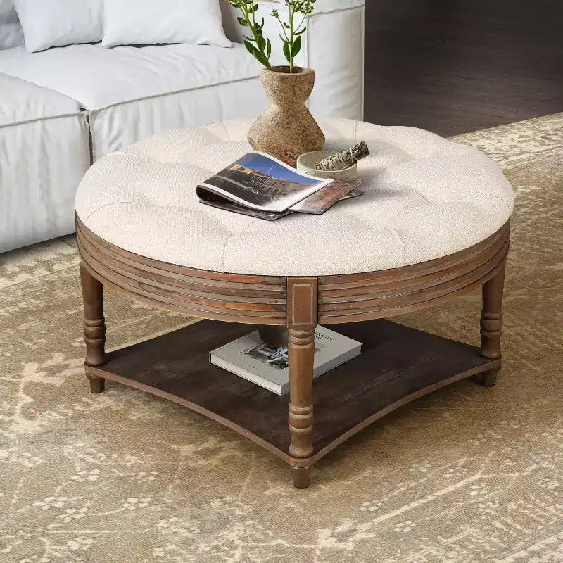 Round Coffee Table Waterproof Ottoman with Tufted Design, Sofa Side Table Upholstered Footstool Farmhouse Center Table Cocktail Table - ModernLuxe