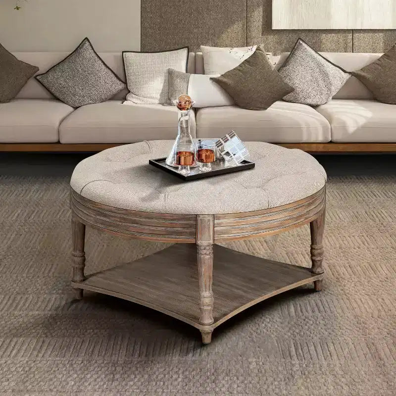 Table basse ronde Pouf imperméable avec design touffeté, Table d'appoint de canapé Repose-pieds rembourré Table basse de ferme Table basse de cocktail