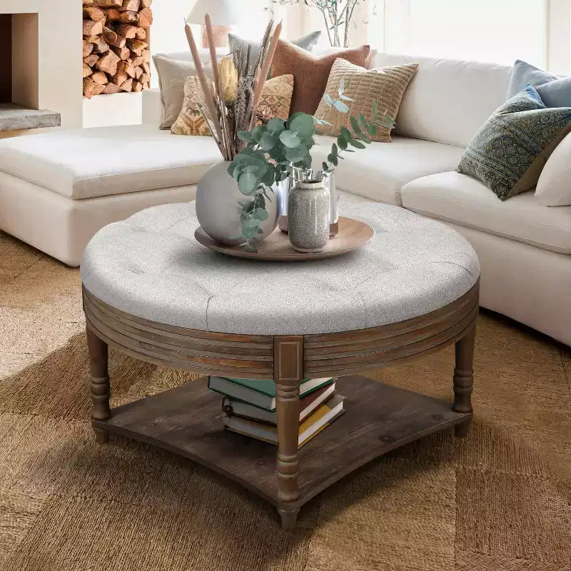 Table basse ronde Pouf imperméable avec design touffeté, Table d'appoint de canapé Repose-pieds rembourré Table basse de ferme Table basse de cocktail