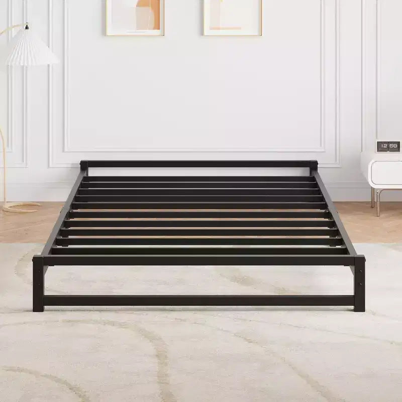 Cadre de lit plateforme en métal de 15 cm avec support à lattes en acier, sommier et sans besoin de sommier tapissier, assemblage facile, noir