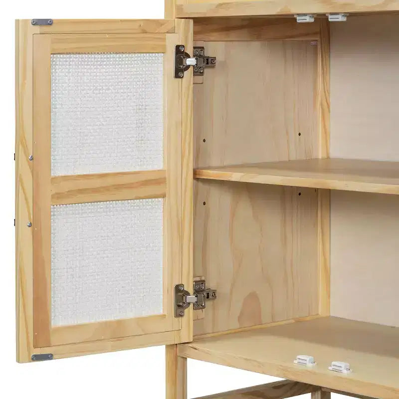 Bahut de salle à manger rustique avec portes décoratives en rotin et étagères réglables