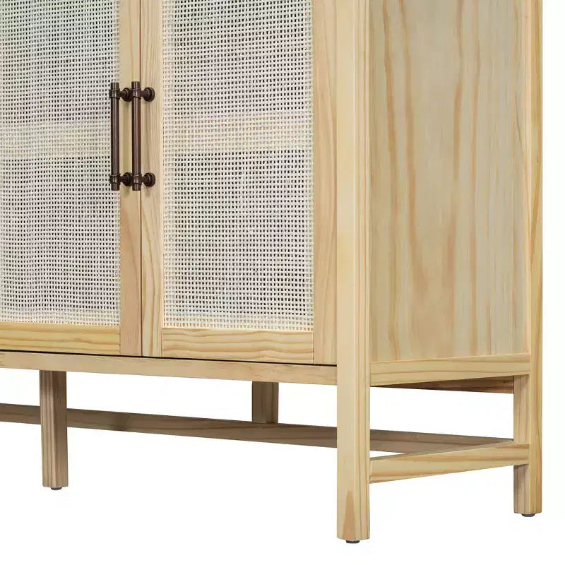 Bahut de salle à manger rustique avec portes décoratives en rotin et étagères réglables