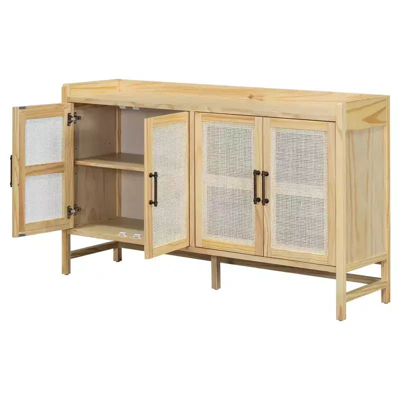 Bahut de salle à manger rustique avec portes décoratives en rotin et étagères réglables