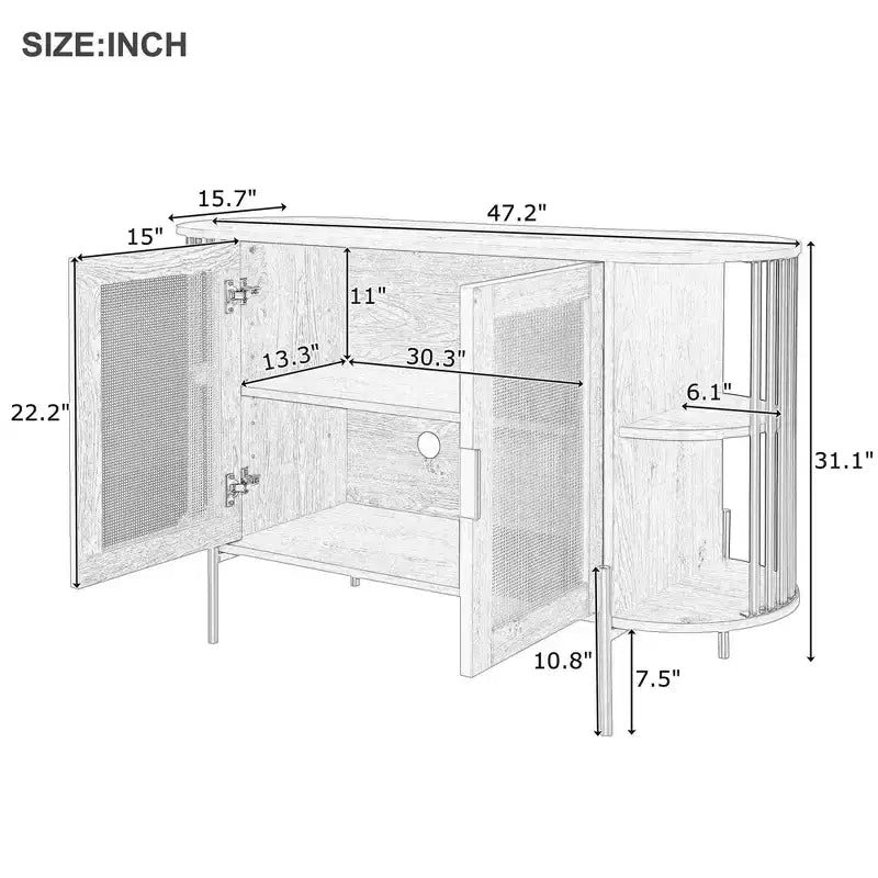 Bahut de salle à manger rustique avec portes décoratives en rotin et étagères réglables