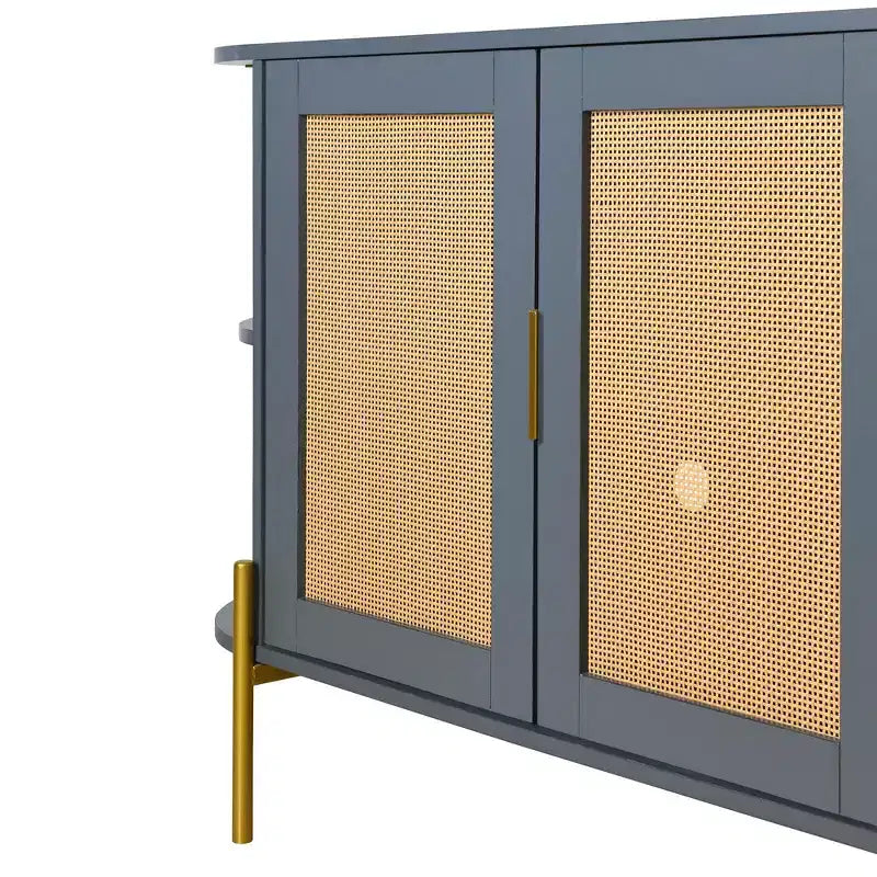 Bahut de salle à manger rustique avec portes décoratives en rotin et étagères réglables