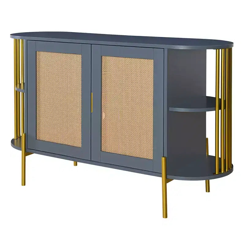 Bahut de salle à manger rustique avec portes décoratives en rotin et étagères réglables