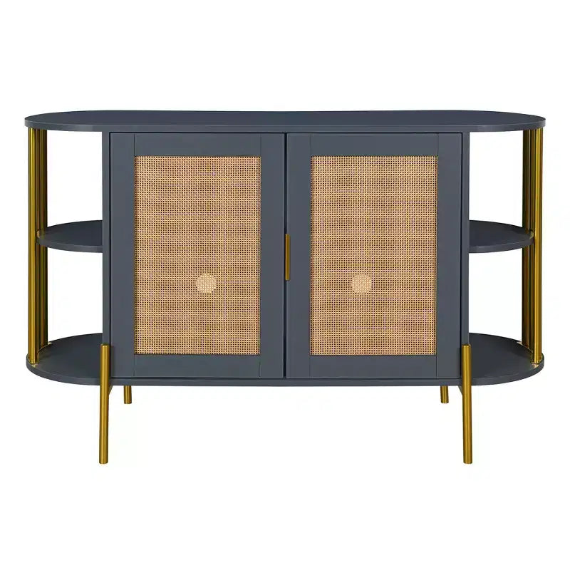 Bahut de salle à manger rustique avec portes décoratives en rotin et étagères réglables
