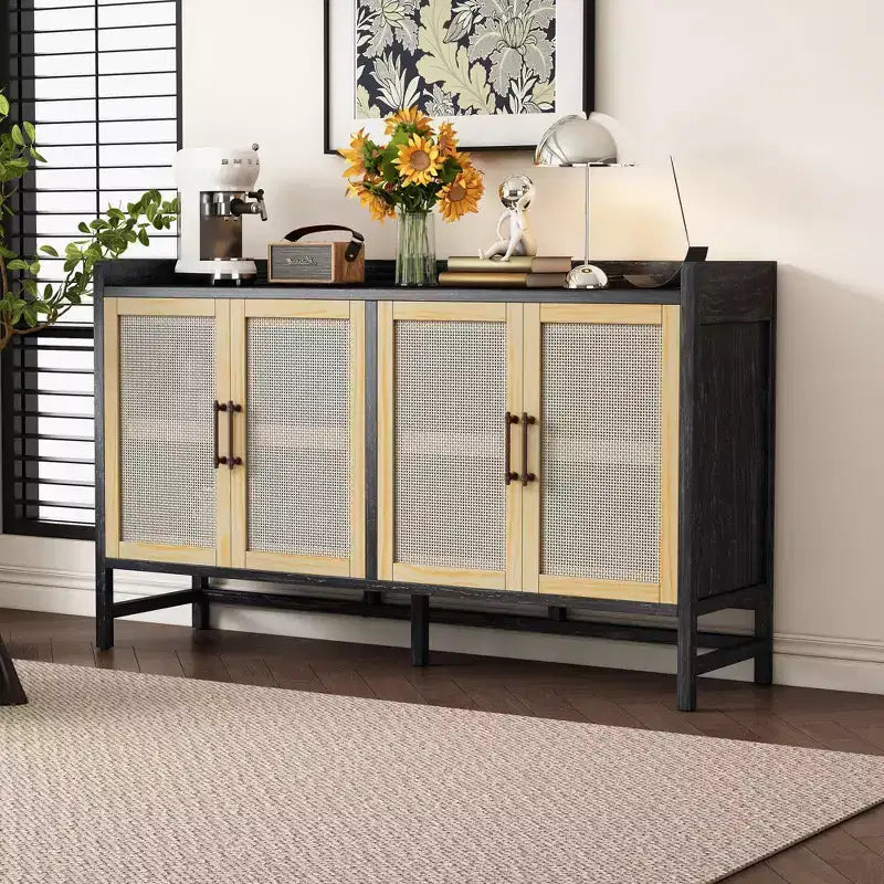 Okak Rustic Decorative Rattan Doors Sideboard Cabinet with Adjustable Shelves for Dining Room