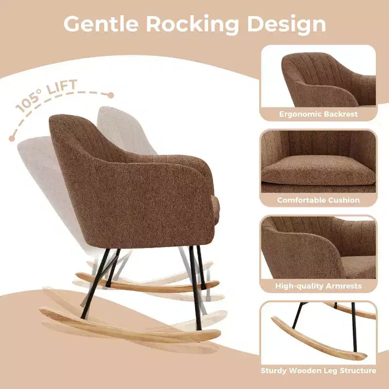 Fauteuil à bascule rembourré, planeur avec coussin douillet, fauteuil à bascule d'appoint avec pieds en bois d'hévéa, fauteuil de crèche en bois supportant jusqu'à 150 kg