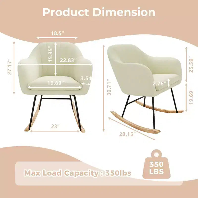 Fauteuil à bascule rembourré, planeur avec coussin douillet, fauteuil à bascule d'appoint avec pieds en bois d'hévéa, fauteuil de crèche en bois supportant jusqu'à 150 kg