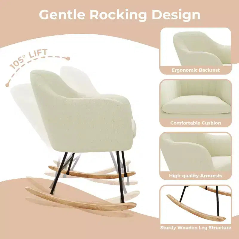Fauteuil à bascule rembourré, planeur avec coussin douillet, fauteuil à bascule d'appoint avec pieds en bois d'hévéa, fauteuil de crèche en bois supportant jusqu'à 150 kg